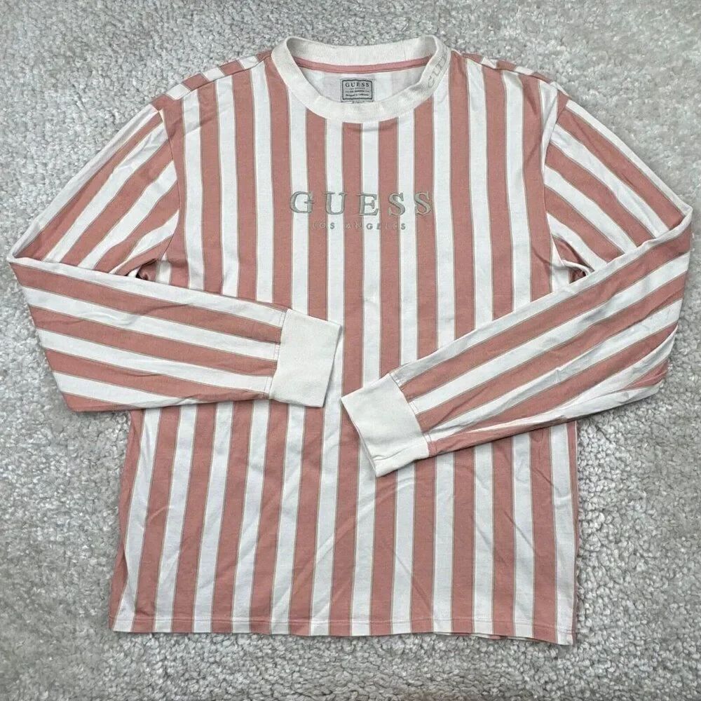 Guess Los Angeles Retro Pink White Striped Long Sleeve Shirt Unisex Mens Medium
